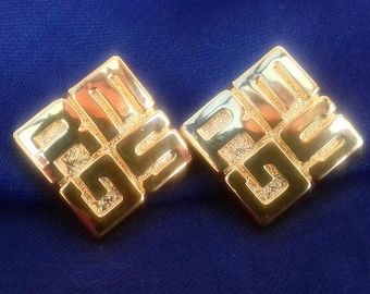 Vintage Madame Gres Gold Plated Logo Earrings: French Couture Statement Jewelry