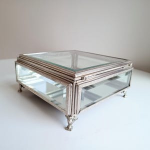 French Large and Heavy Bevelled Glass, Chromed Metal Frame with Decorative Feet Jewellery Display Box or Watch Box, Mirror Floor c1920