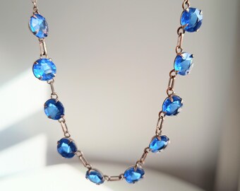Genuine Art Deco 10 Sapphire Glass Paste White Metal Reviere Necklace, Bohemia c 1920