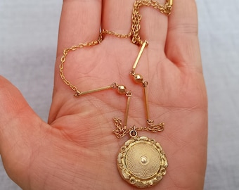 Antique Victorian Rolled Gold Fancy Bar Link Necklace: Target Locket Pendant, Bayonet Clasp