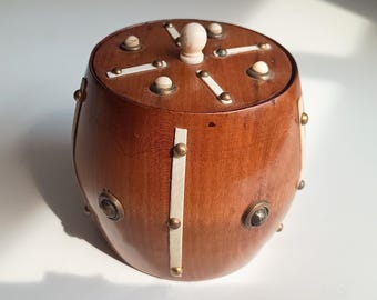 Victorian Maritime Fruitwood Tobacco Jar: Bone Strips, Brass Studs, Sailors Treen Tea Caddy