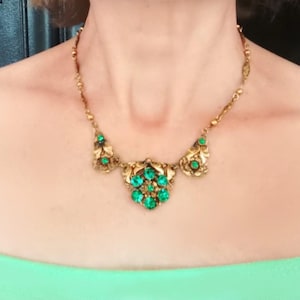 Stunning Antique Emerald Green Paste Art Glass set in Pressed Brass Filigree Setting made in Bohemia c 1920s