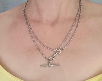 Antique Victorian Silver-Tone Fancy Hayseed Muff Chain - Long Guard Necklace: Dog Clip, 1900