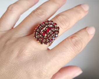 Vintage Bohemian Garnet Statement Cocktail Ring: Art Deco Oval Cluster, Adjustable, c 1940s