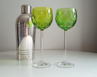 Vintage Pair of Signed Nachtmann Cut-to-Clear Crystal Wine Glasses: Reseda Chartreuse Green