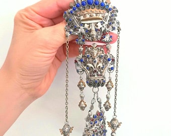 Antique Renaissance Revival Mourning Reliquary Wall Hanging Chatelaine: Putti Masks, Hair Locket