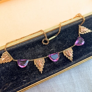 Antik Egyptomania Art Deco Ametist Glas Feston Halsband, Pyramid Riviere, Autentisk 1920-tals