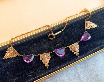 Antique Egyptomania Art Deco Amethyst Glass Festoon Necklace, Pyramid Riviere, Authentic 1920s
