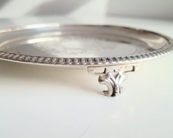 Georgian Style Silver Plate Footed Salver or Small Drinks Tray, Neo-classical Greek Key Decor