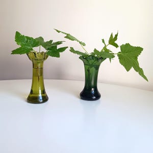 Vintage Art Nouveau Green Glass Soliflore Vases: Bohemian Bud Vase Pair