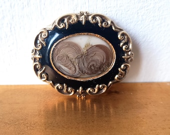 Authentic Victorian Gothic Mourning Brooch c.1860, Pinchbeck & Black Enamel Hairwork Locket
