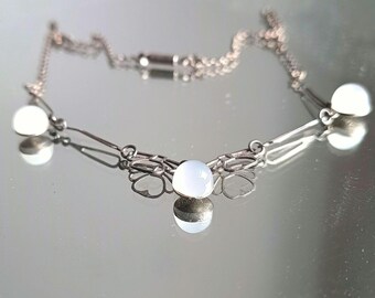 Genuine Art Deco Silver Moonstone Necklace: Closed back Domed Cabochons, Original Bayonet Clasp