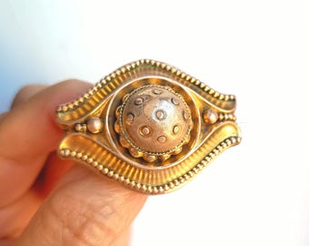 Antique Victorian Etruscan Target Brooch: Gilt Eye Shape, Protection Talisman, c 1870
