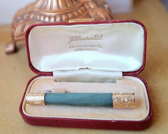 Antique Victorian Jade Bar Brooch: Engraved Gold End Caps, JW Benson London, Original Box
