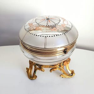 Antique Legras Art Nouveau Round Lidded Presentation Box Frosted and Clear Art Glass Enamelled Floral Decor on Antique Brass Stand