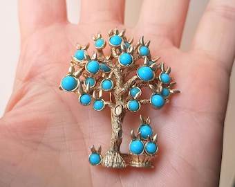 Marcel Boucher - Authentic Signed Fruit Tree Brooch, Springtime in Paris Series, Turquoise Cabochons