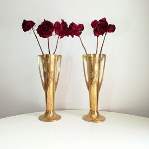 Art Nouveau Brass Vases: English Jugendstil Floral Decor, 26cm Tall