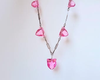 Antique Manganese Glass Silver Lavalier Necklace: Shield cut "Pink of Proust" Drops, 1910