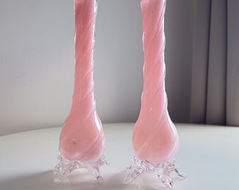 Vintage Pink Opaline Glass Murano Vase, Applied Freeform Feet, Fratelli Toso Style, Pair