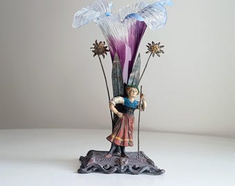 Antique Art Nouveau Vase Austrian Cold painted Metal Girl Figure & Edelweiss, Kralik Amethyst Glass