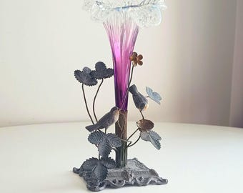 Antique Art Nouveau Vase Austrian Cold painted Metal Birds & Flowers, Kralik Amethyst Glass