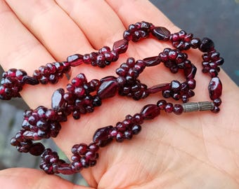 Authentic Vintage Bohemian Pyrope Garnet Cluster Blackberry Hand Woven Necklace, Art Deco
