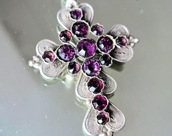 Large Antique Victorian Gothic Cross Pendant: Cut Amethyst Glass Paste, Renaissance Revival