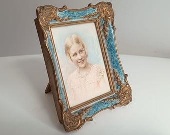 Antique Hand-Finished Pastel Miniature Portrait: Blond Girl, Turquoise Gilt Tabletop Frame