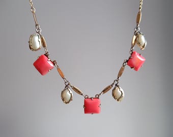 Genuine Vintage Art Deco Gilt Metal Riviere Necklace: Corals, Caged Pearls, Italy c 1920