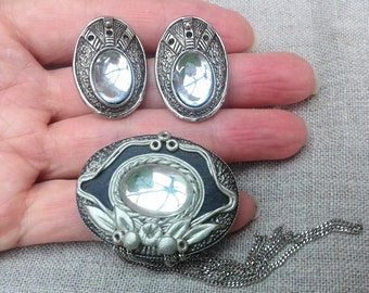 Vintage Silver Tone Brooch and Earrings with Mirror-back Glass Cabochons in Art Deco Revival Style, probably unsigned Ermani Bulatti