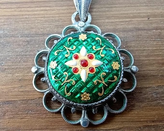 Vintage French Provincial Silver Pendant: Bresse Bressan Enamel, Chartreuse Green, Gold Overlay