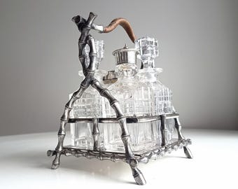Novelty Victorian Belle Epoque Japonisme Faux Bamboo Cruet Stand cut Crystal Condiment Bottles