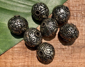 Carved 24mm Round Silver Beads from Nepal - 3 pieces