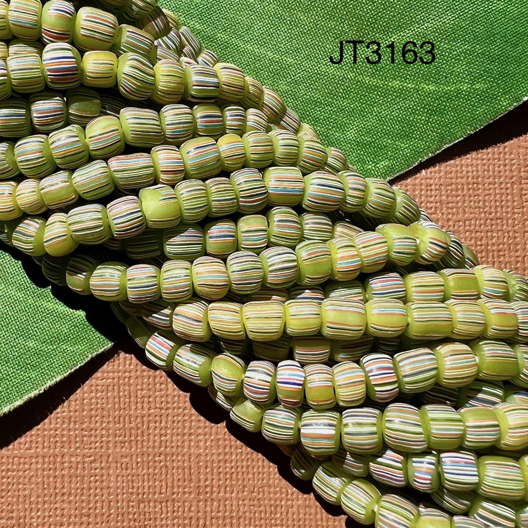 2 Strands - Indonesian Glass Striped Strands - Lemon Lime Green Striped ...