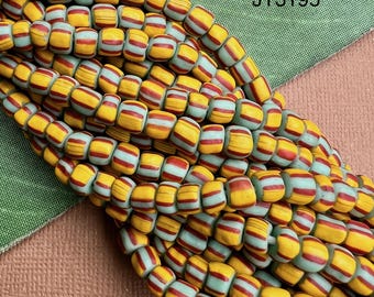 2 Strands - Indonesian Glass Beads - Yellow Stripe with Blue & Red, Made in Java