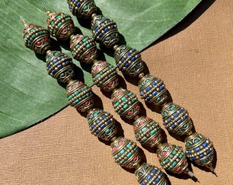 Tibetan Style - Brass & Stone Large Bi-Cone Beads - Made in Nepal - Coral, Turquoise, Lapis - Sold 6 Pieces