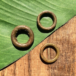 Pu&ograve; includere: Tre anelli in ottone antico di diverse dimensioni e stili. Gli anelli sono su una foglia verde e una superficie di legno marrone.
