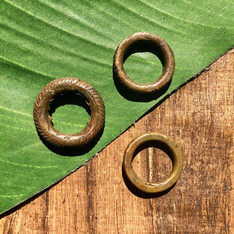 Pu&ograve; includere: Tre anelli in ottone antico di diverse dimensioni e stili. Gli anelli sono su una foglia verde e una superficie di legno marrone.
