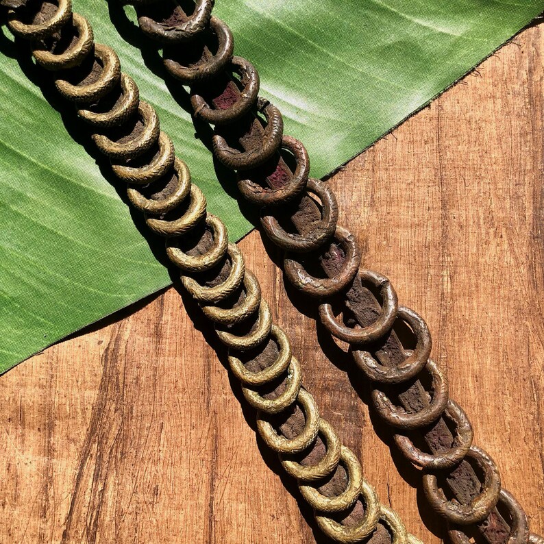 Pu&ograve; includere: Due catene di anelli metallici collegati, una dorata e una marrone, giacciono su una superficie di legno con una foglia verde sullo sfondo.