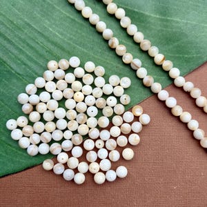 May include: A collection of small, round, off-white beads with subtle pearlescent and tan-colored banding. The beads are arranged in a loose cluster and a single, long, straight strand, showcasing their smooth, polished, and spherical appearance.