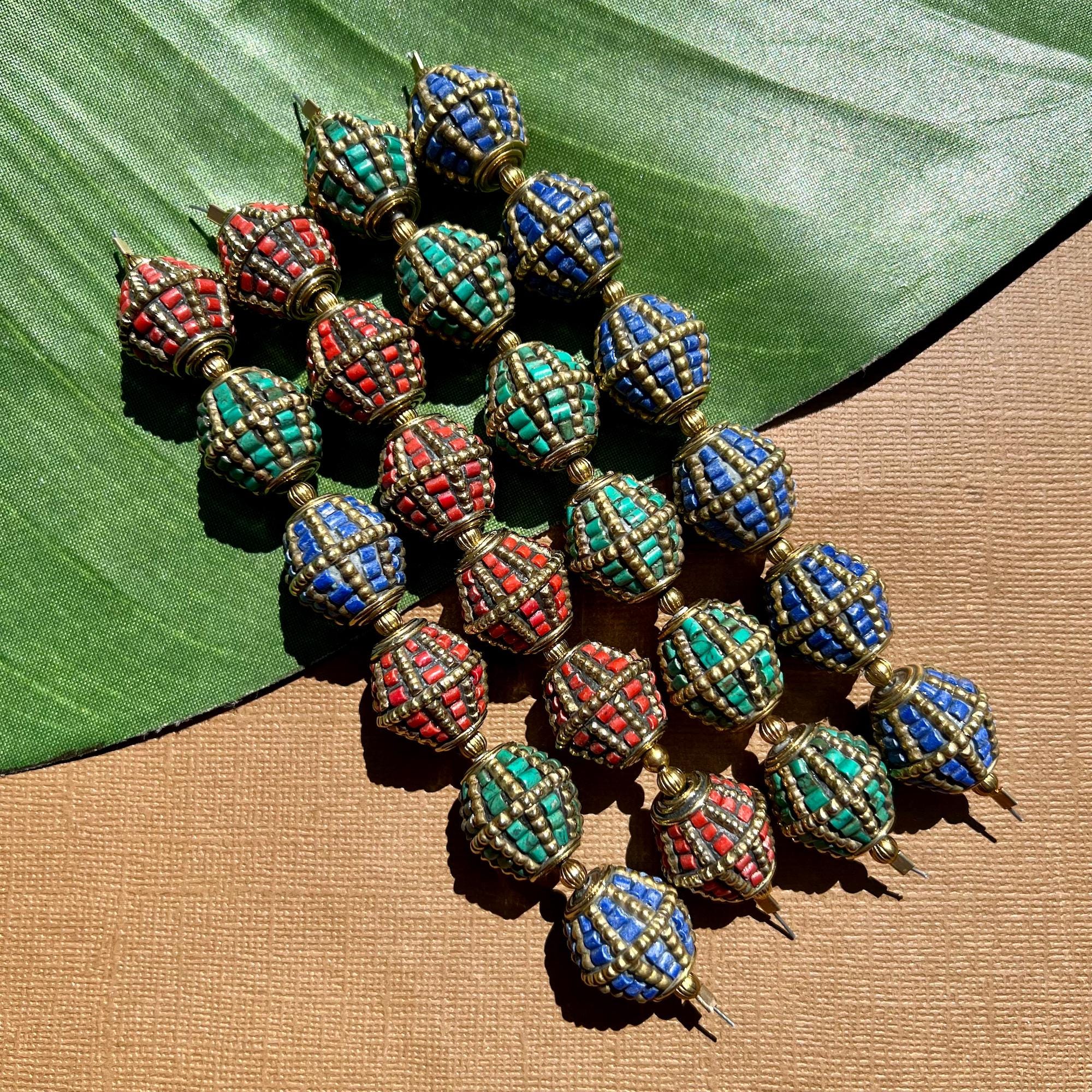 Tibetan Style - Brass & Stone Bi-Cone Beads - Made in Nepal - Coral, Turquoise, Lapis -Sold 6 Pieces