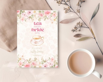Tea with the Bride to Be Bridal Shower Invitation, Tea Party Invitation, Bachelorette Tea Party Invitation, Pink Tea Party Bridal Shower