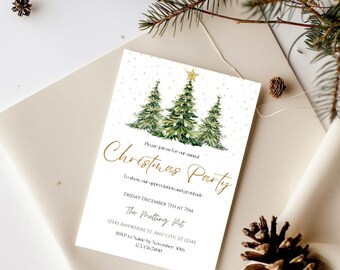 May include: A white Christmas party invitation with gold lettering and a watercolor illustration of three green Christmas trees with gold stars on top. The text reads "Please join us for our annual Christmas Party to show our appreciation and gratitude. Friday December 7th at 7pm The Melting Pot 12345 Anywhere St. Any City, ST 12345 RSVP to Name by November 30th 1234567890"