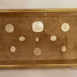 Stunning one-of-a-kind antique set of gold rimmed intaglios framed in vintage beige velvet with gold frame