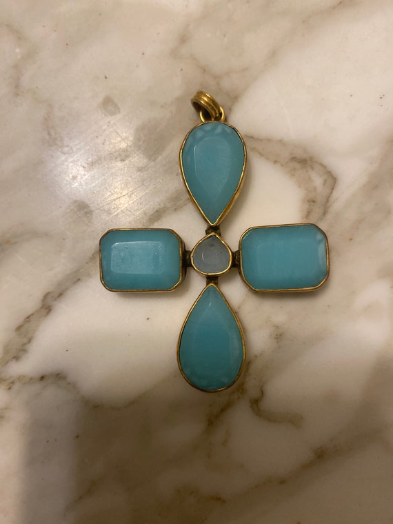 Vintage cross, pendant, gold metal and turquoise s