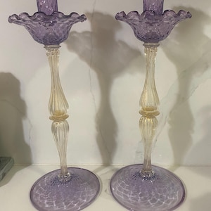 Vintage Venetian Italian pair mid-century  yellow lila  purple gold Murano glass candlestick holders
