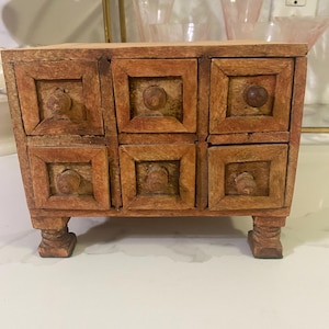 Antique apothecary handmade 1800s wood chest box with drawers Victorian cupboard footed