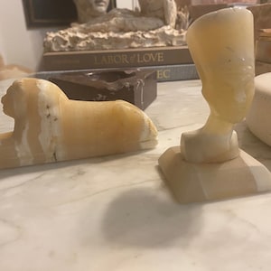 Vintage made in Egypt onyx hand carved sculptures Nefertiti and Sphinx