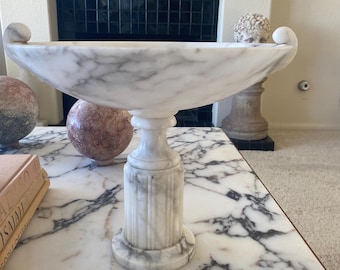 Vintage alabaster marble compote pedestal bowl ribbed Italy one of a kind