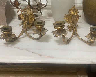 Vintage French rococo ormolu candle wall sconce holder pair set wall hanging gold gilt solid bronze or brass two arm